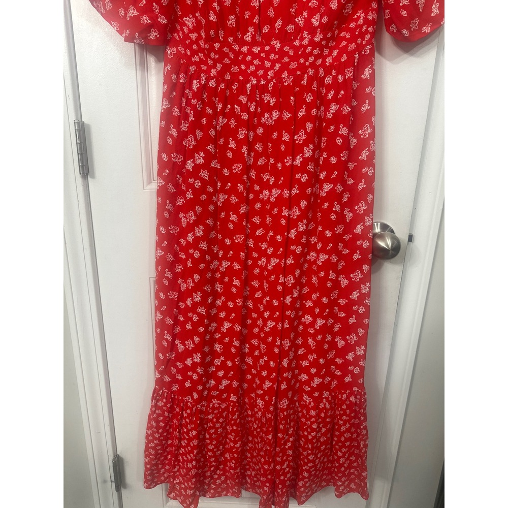 French Connection Red Floral V-Neck Midi Dress Empire Waist Ruffle Hem Size 6 - Picture 10 of 12